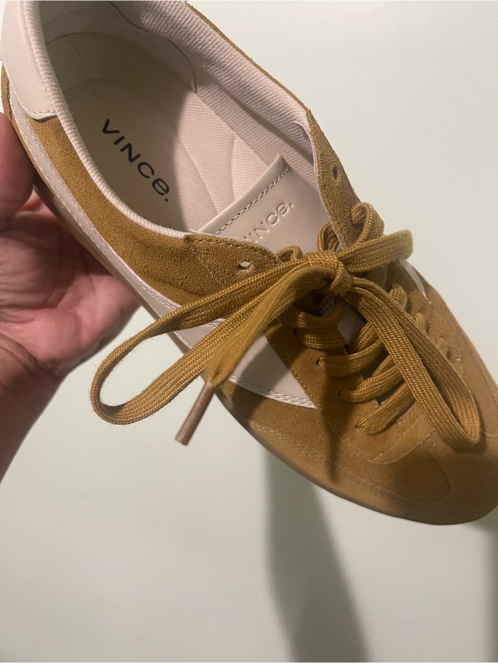Vince Suede Lace-Up Sneaker in Mustard and Cream